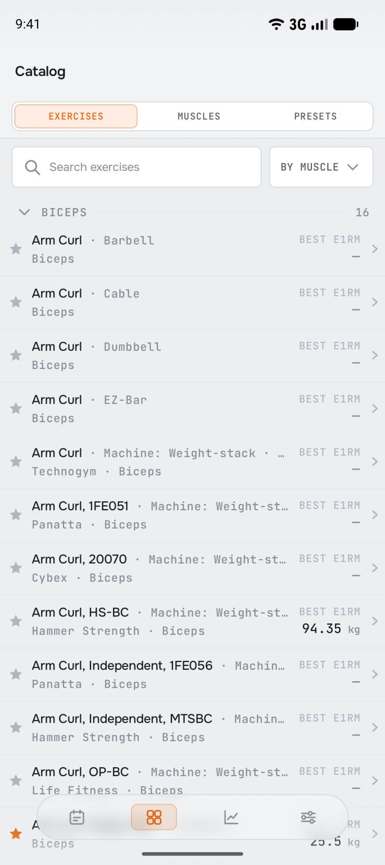 The exercise catalog grouped by muscle, with manufacturer and best estimated 1RM per row