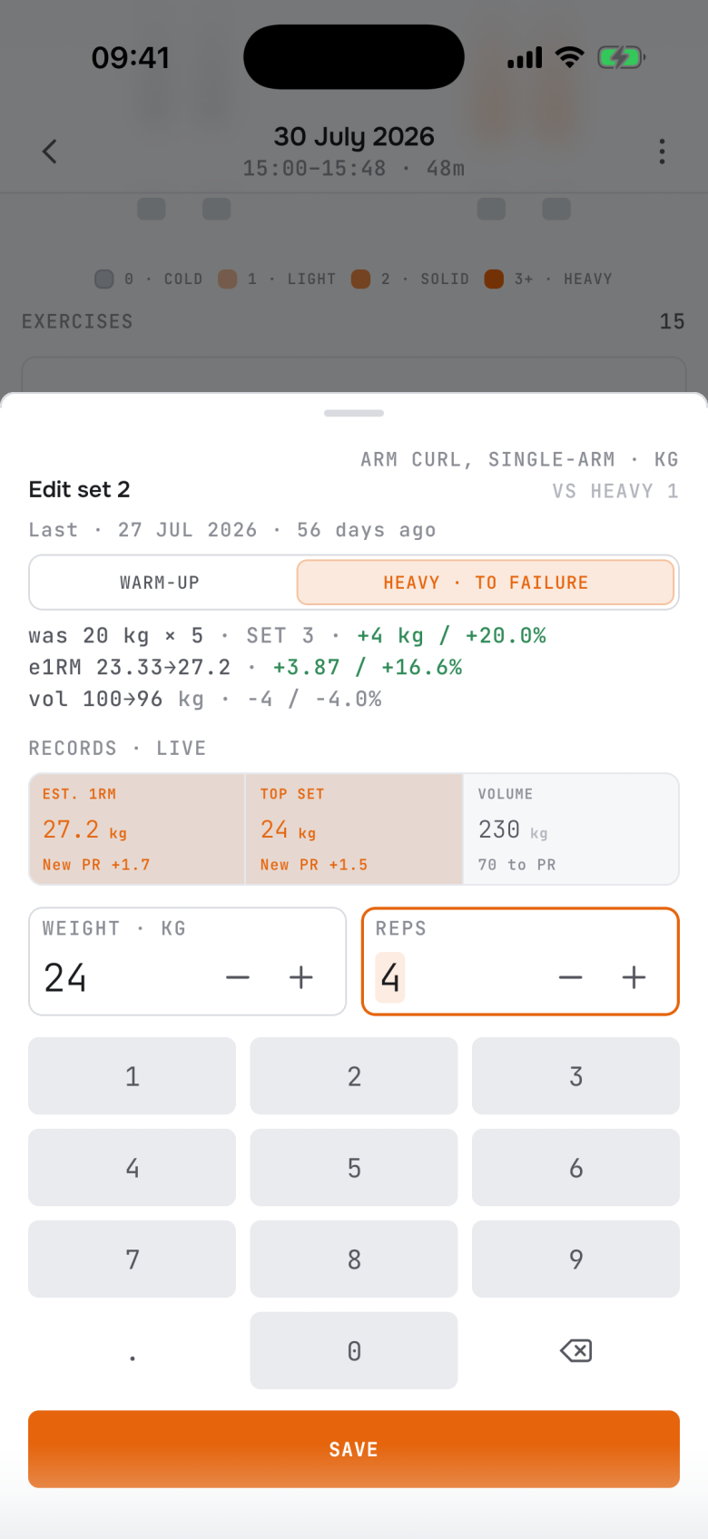 Set editor with the warm-up / heavy toggle, records and previous-set comparison