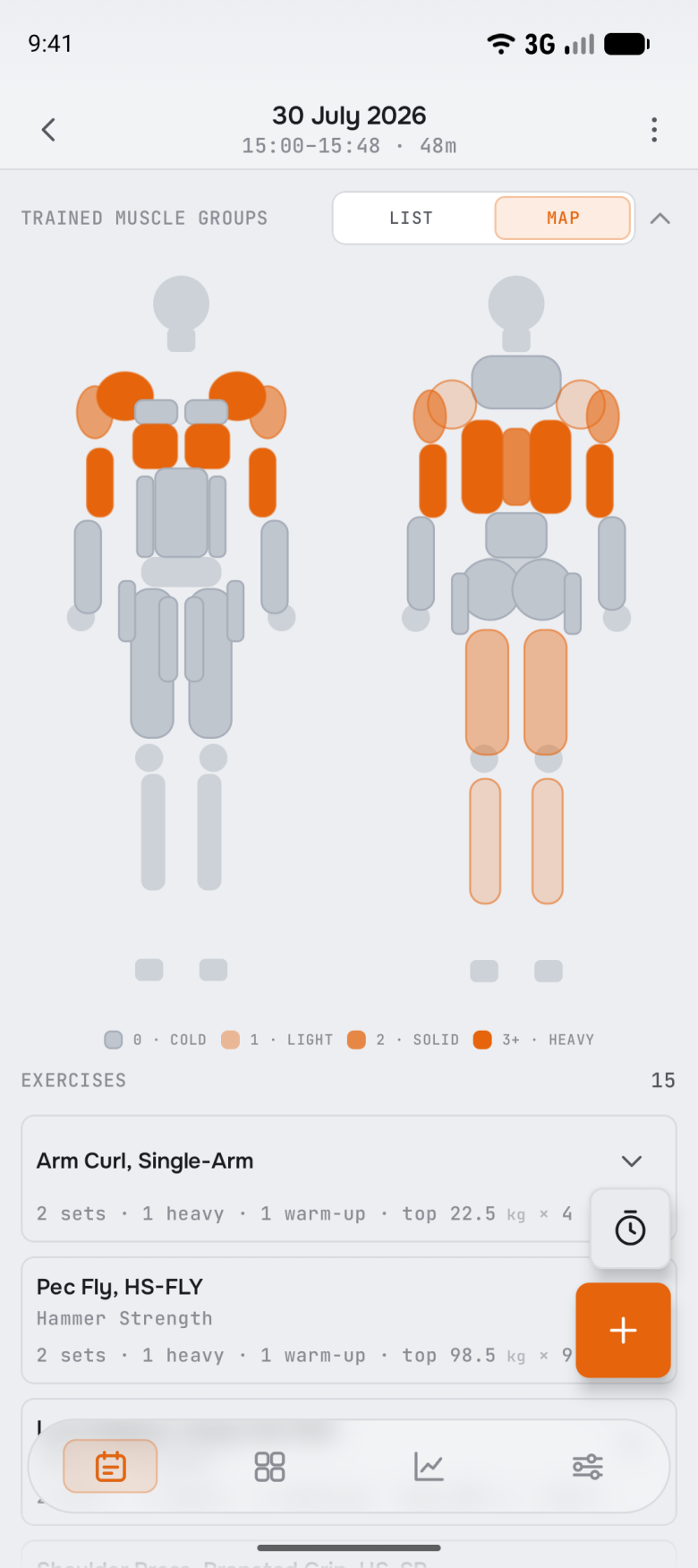 The same visit with the trained muscle groups shown on the body map instead of the list