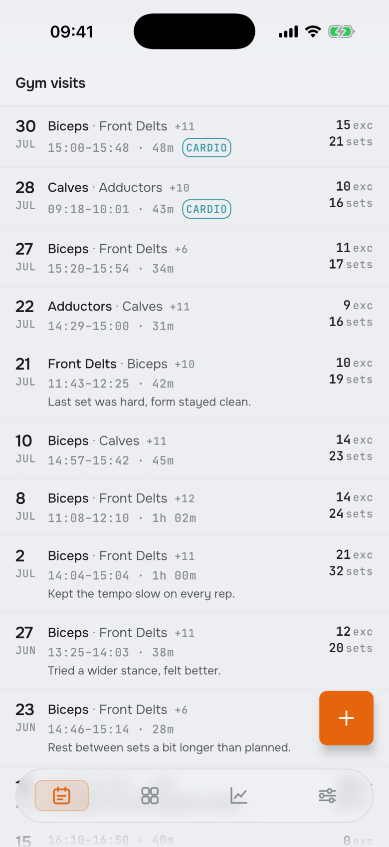 The visits list: each row with date, time span, muscle groups, exercise and set counts